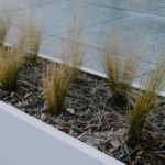 Moderne rechthoekige stalen plantenbakken in een strakke tuin met kleurrijke bloemen en planten.