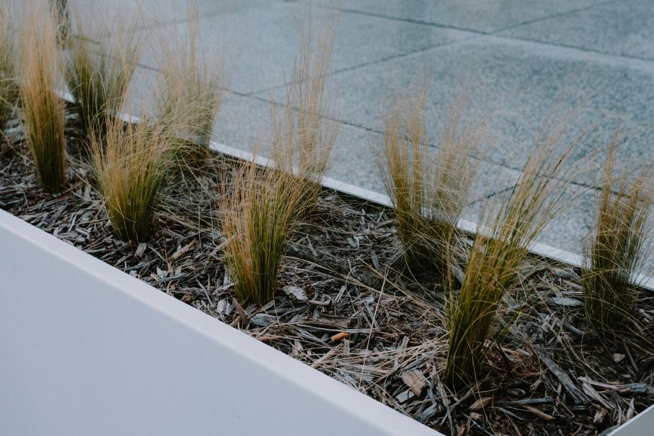 Moderne rechthoekige stalen plantenbakken in een strakke tuin met kleurrijke bloemen en planten.